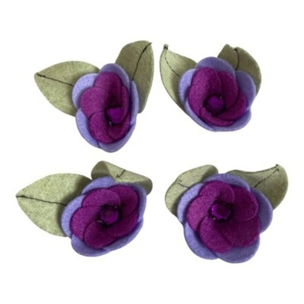 Felt Flower Purple Rose Rhinestone Center Craft Embellishment Set of 4 New